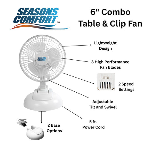 Seasons Comfort 6 Inch Combo Desk & Table Fan, Clip Fan, Adjustable Tilt - FTC6