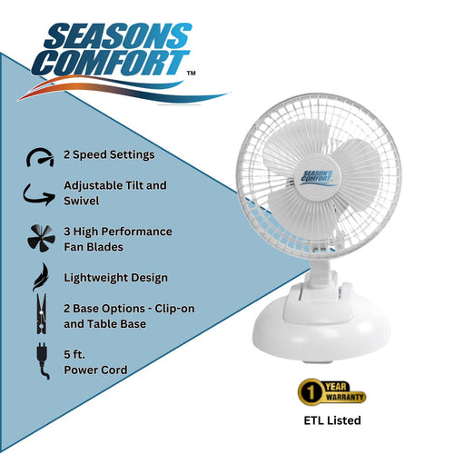 Seasons Comfort 6 Inch Combo Desk & Table Fan, Clip Fan, Adjustable Tilt - FTC6