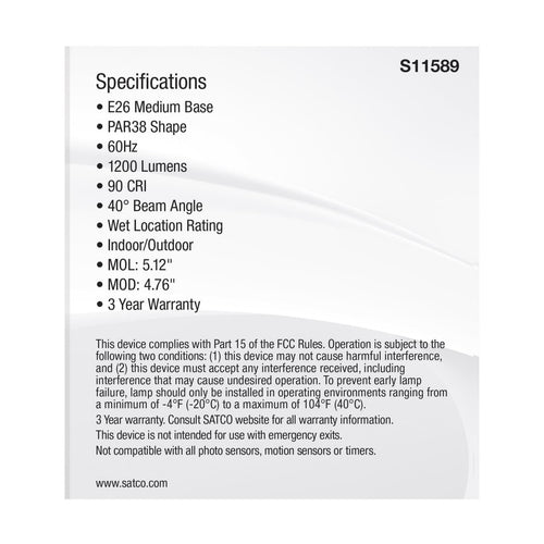 Satco S11589 13.3 Watt PAR38 LED Medium Base Silver Finish CCT Selectable 120 Volt