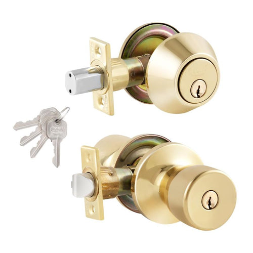 Grip Tight Tools  Combo Lock Entry Knob - Tulip Style and Deadbolt - Polished Brass Finish US3 - 4 KW1 Keys - 6 in 1 Drive - In Latch - Mobile Home
