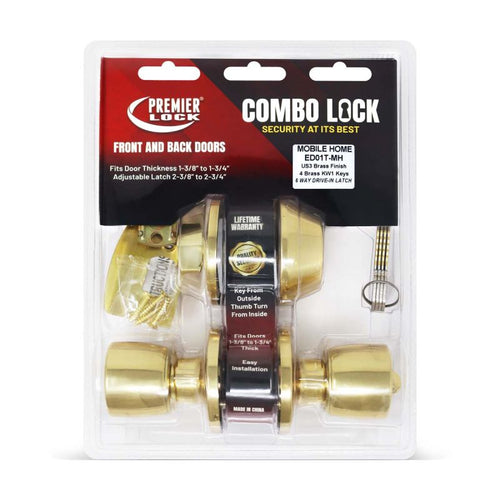 Grip Tight Tools  Combo Lock Entry Knob - Tulip Style and Deadbolt - Polished Brass Finish US3 - 4 KW1 Keys - 6 in 1 Drive - In Latch - Mobile Home