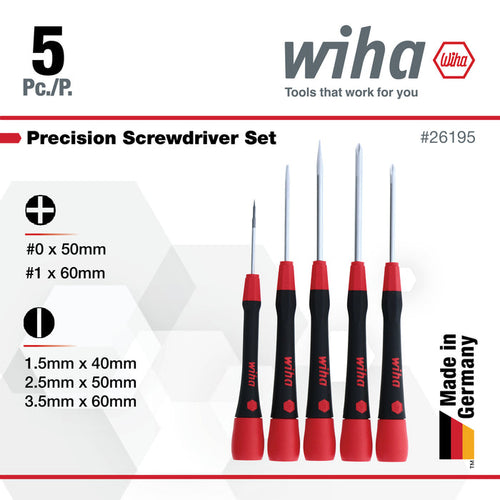 Wiha 5 Piece PicoFinish Precision Slotted and Phillips Screwdriver Set