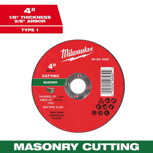 Milwaukee 4 x 1/8 x 5/8 Masonry Cut Off Wheel -Type 1