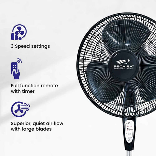 Proaira 18 Oscillating Pedestal Fan with Adjustable Tilt, 3 Speed Control, Black w/ Remote