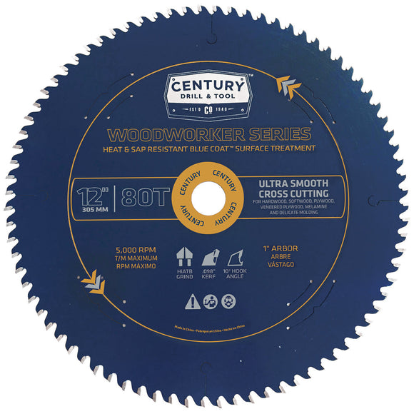 Century Drill And Tool 12″ X 80t Woodworker Series Circular Saw Blade – Ultra Smooth Cross Cutting (12″ X 80T)