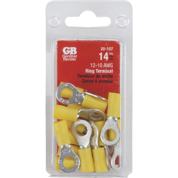 Gardner Bender 12 to 10 AWG #12 to 1/4 In. Stud Size Yellow Vinyl-Insulated Barrel Ring Terminal (14-Pack)